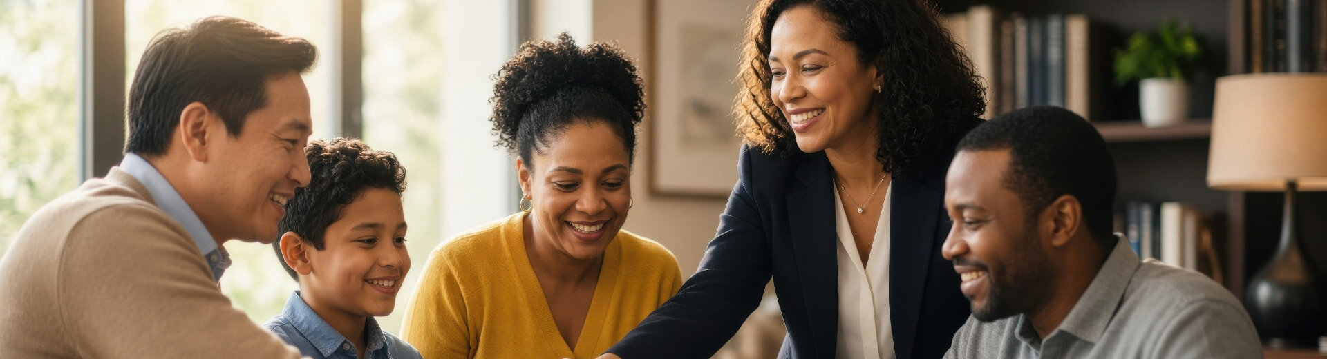 An attorney shaking hands with a client across a table while a family reviews paperwork